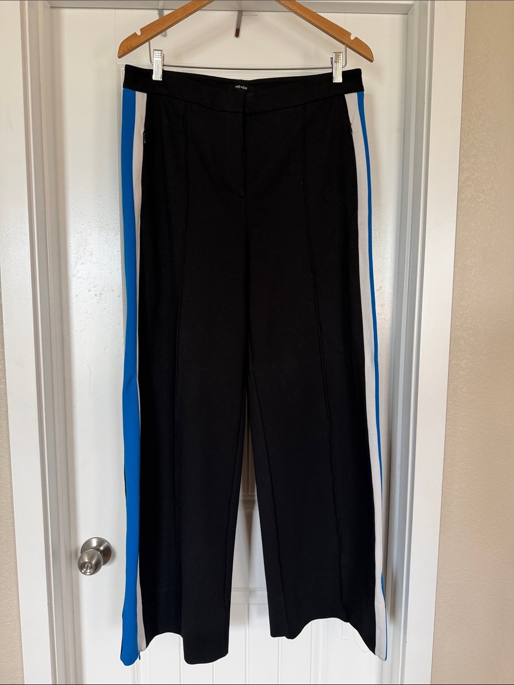 ME+EM Black Wide Leg Racer Stripe Trousers Blue/White Zip Ankle Large US 10 12